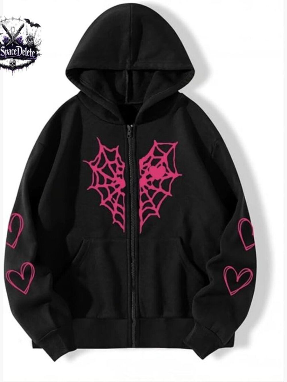 Oversized Gothic Hooded Zip-Up Jacket with Spider Web Print